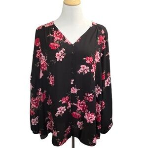 Lane Bryant Pink & Black Floral V-Neck Top Size 18